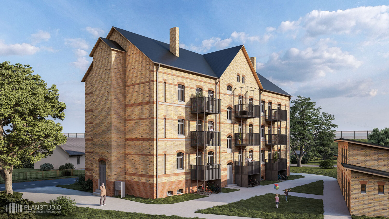 Ansicht der Hofseite Mehrfamilienhaus Horka, gelber und roter Klinker