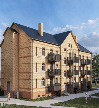 Thumbnail Format 1zu1 Ansicht der Hofseite Mehrfamilienhaus Horka, gelber und roter Klinker