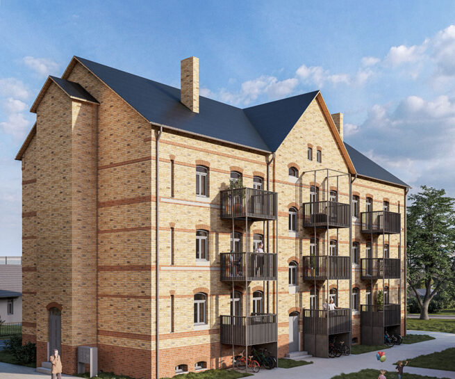 Thumbnail Format 1zu1 Ansicht der Hofseite Mehrfamilienhaus Horka, gelber und roter Klinker