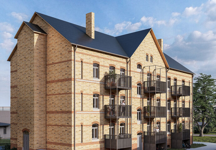 Thumbnail Format 1zu1 Ansicht der Hofseite Mehrfamilienhaus Horka, gelber und roter Klinker