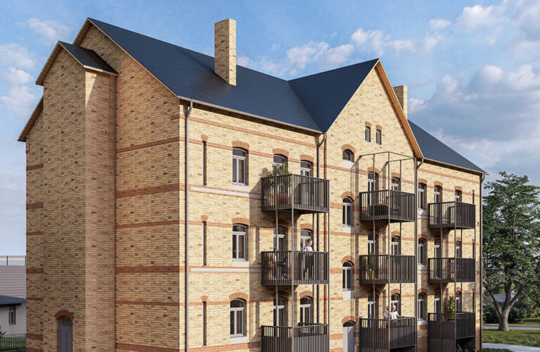 Thumbnail Format 1zu1 Ansicht der Hofseite Mehrfamilienhaus Horka, gelber und roter Klinker